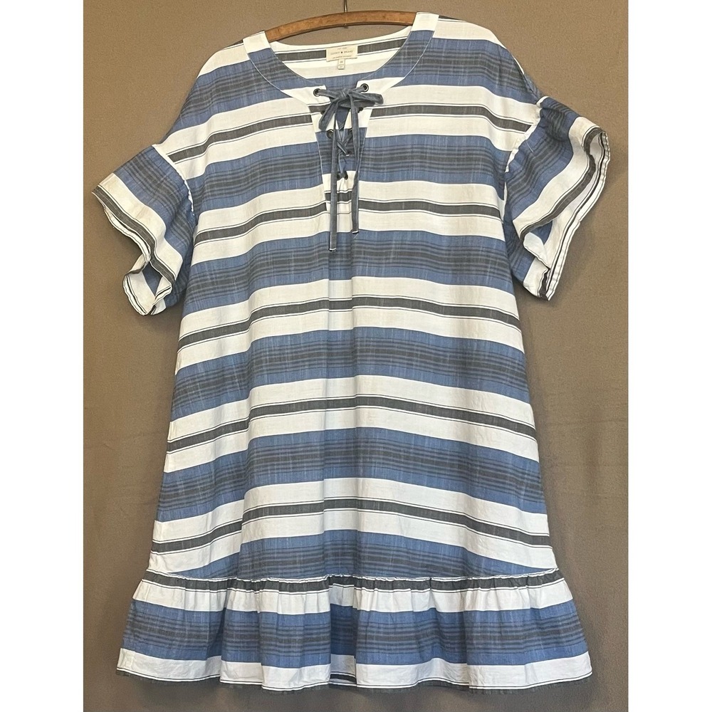 Lucky Brand Striped Dress Casual Ruffle Sleeve Tie Plus Blue White Boho Beach 1X - Picture 7 of 9